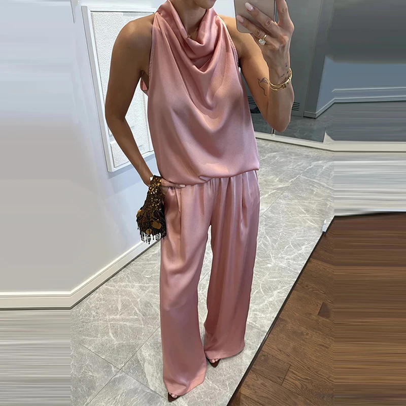 

Женские повседневные свободные атласные костюмы из двух предметов, модные драпированные однотонные наряды для отпуска, элегантные топы без рукавов и комплекты с длинными брюками