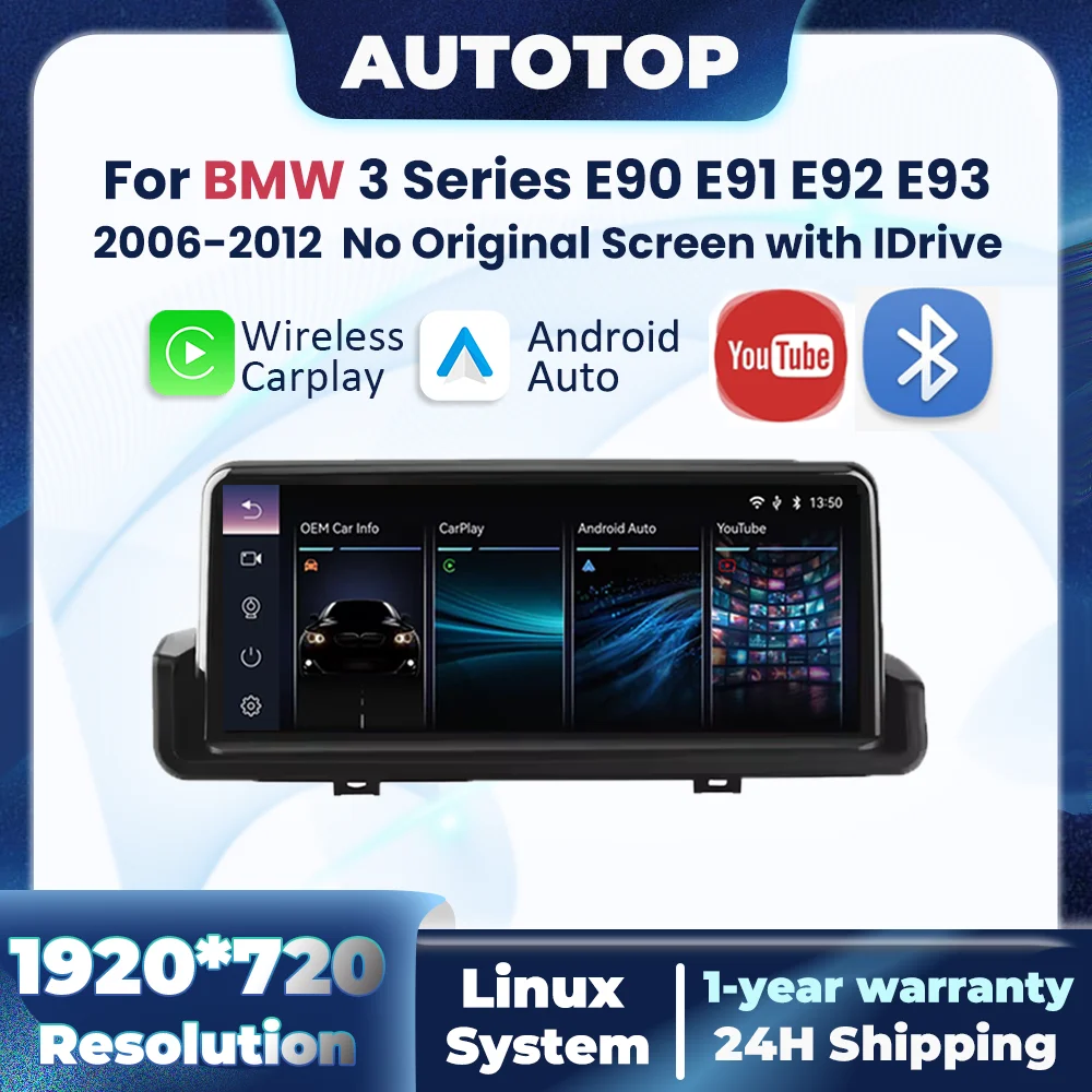 Lettore multimediale wireless CarPlay Android Auto per BMW Serie 3 E90 E91 E92 E93 2006-2012 IDrive per YouTube BT GPS Autoradio