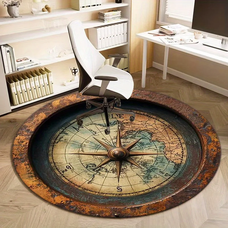 Vintage World Map Rug Round Antique Global Compass Floor Mat Nautical Style Rustic Decor Industrial Accent Area Carpet Home Deco