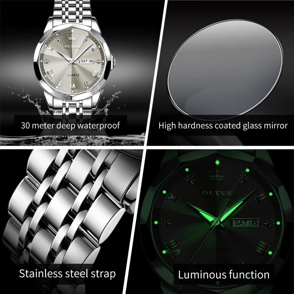 OLEVS Men's Watches Rhombus Mirror Original Quartz Watch for Man Waterproof Luminous Stainless Steel Wristwatch Male Date Week