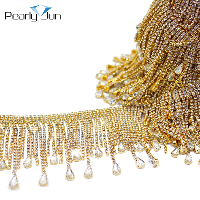 1/5 Yards DIY Glass Teardrop Rhinestone Tassels Metal Chain Crystal Gold AB Fringe Dancing Dress Shinning Trimming Strass ML124