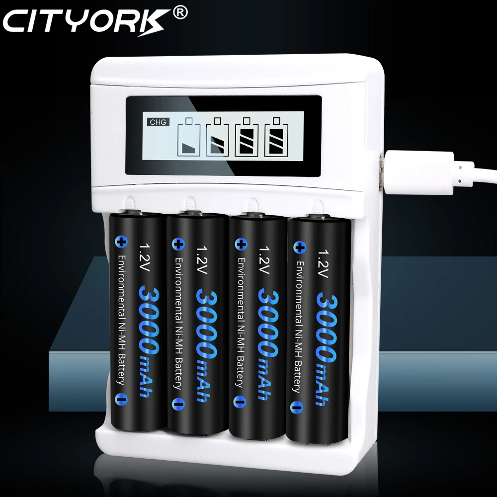 

CITYORK AA Battery NIMH AA 3000mAh 1.2V 2A Ni-Mh aa Rechargeable Batteries AA Bateria with 1.2V Quick USB AA AAA battery charger