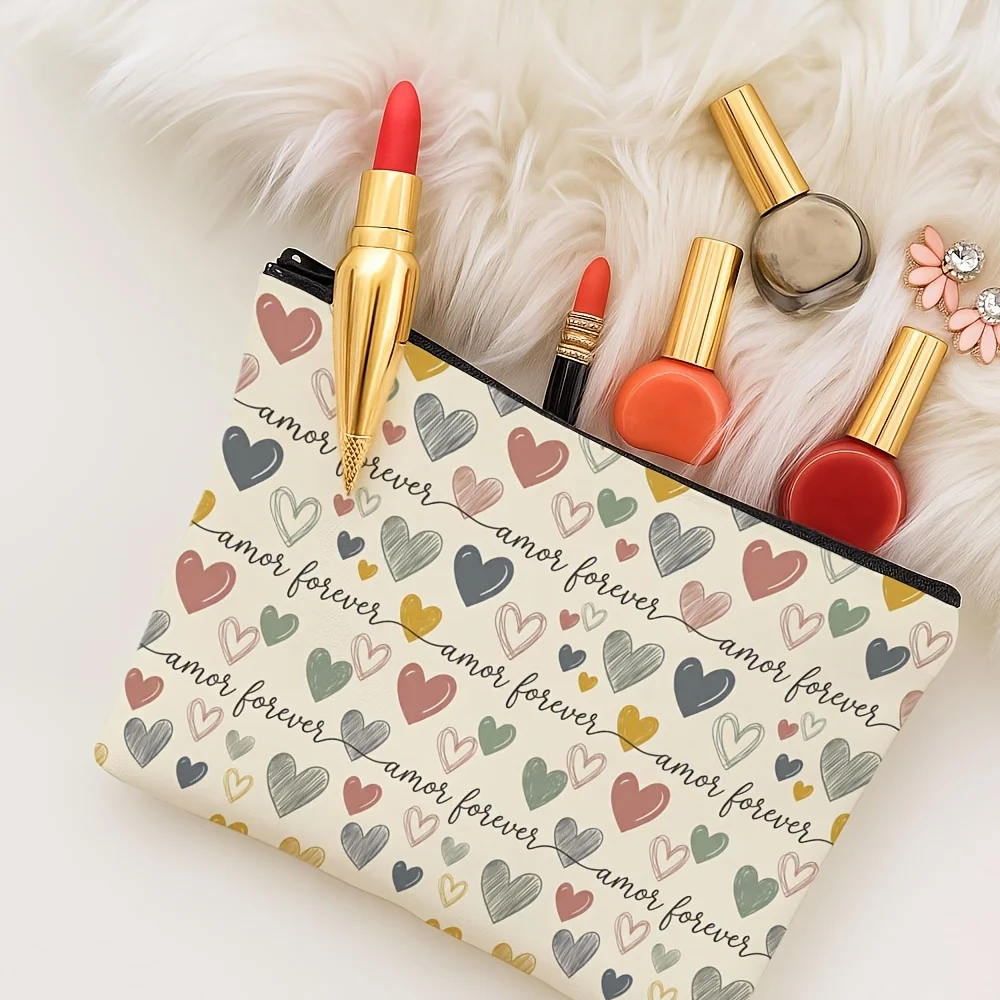 Amor Forever Zipper Pouch Vintage Hand Drawn Multi Color Heart Print Cosmetic Travel Pouch Romantic Gift Amor Forever