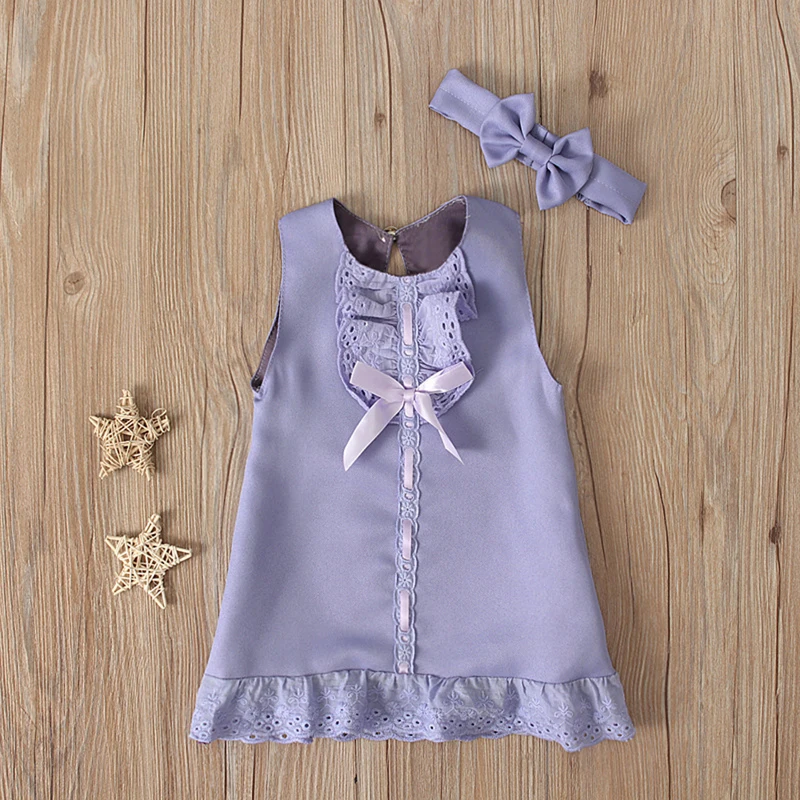 Newborn Baby Girls Dresses Summer Cute Bow Sleeveless Princess Party Birthday Lace Dress+Headband 2Pcs Kids Toddler Clothes