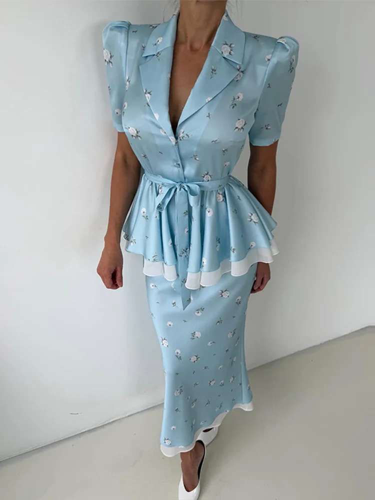 Floral Blazer Coat Skirt Sets Women Elegant Lapel Short Sleeve Single-breasted Lace Up Coat Midi Skirt Two Piece Set 2026 Summer - view 4