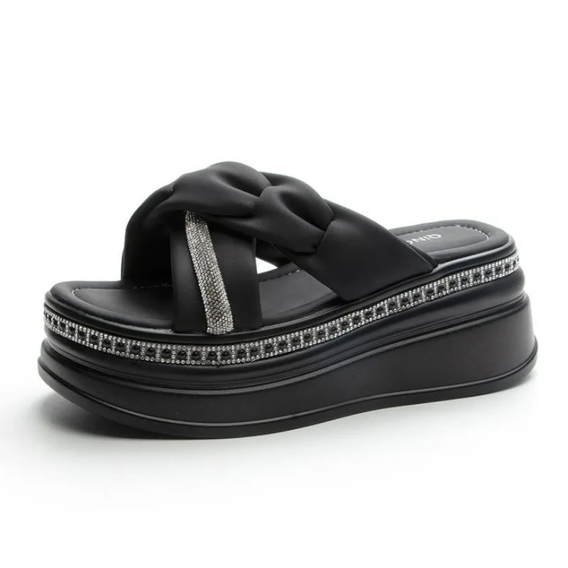 

Женские шлепанцы из микрофибры 7 см, Zandalias De Mujer, женские шлепанцы на платформе с открытым носком и пряжкой, летние сандалии на танкетке на плоской подошве, шлепанцы