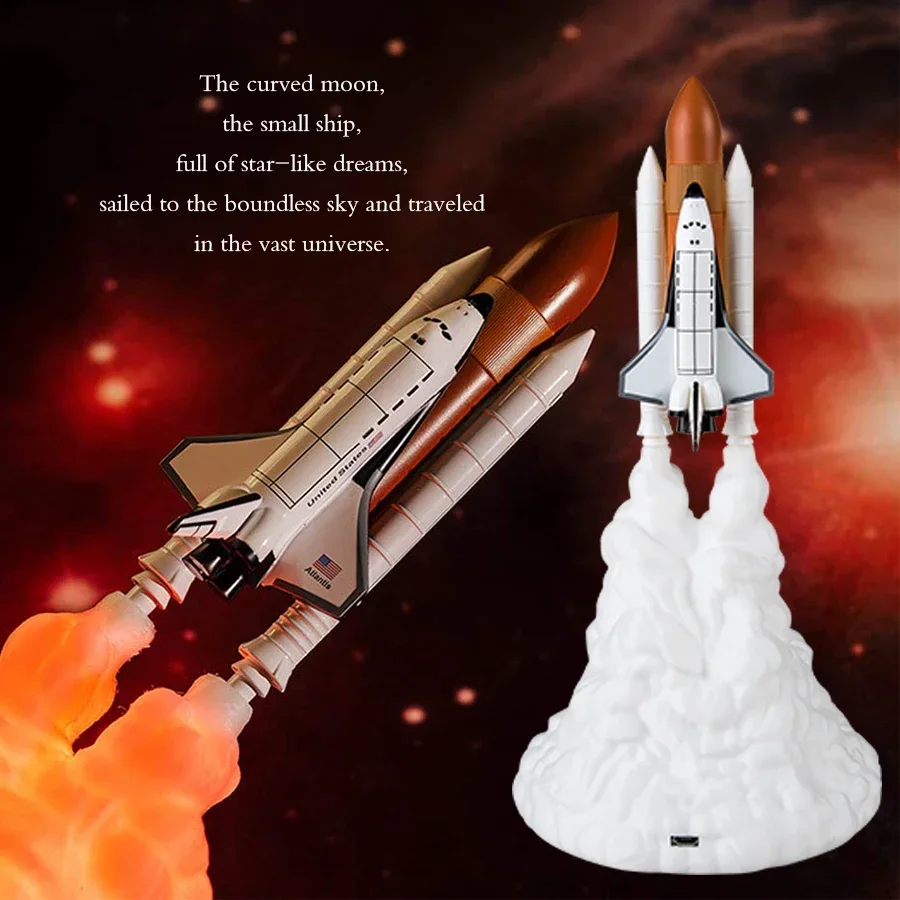 Lampada da tavolo a razzo Space Shuttle con luce notturna a LED con stampa 3D Lampada da atmosfera ricaricabile tramite USB per il regalo di compleanno di Natale per bambini