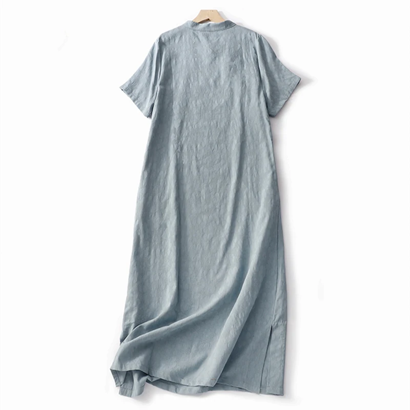 Robe longue décontractée en coton pour femmes, manches courtes, couleur unie, Vintage, Style chinois, vêtements élégants, été, 2023