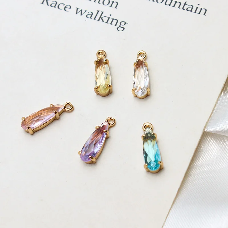 1pcs Diy Accessories Copper Edge Rare Earth Glass Gold-plate Long Water Drop Small Pendant Earrings Necklace Material Charms