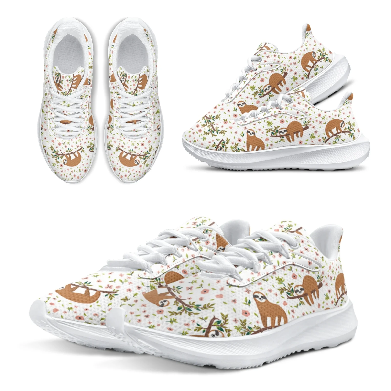 INSTANTARTS Cartoon Sloth Running Shoes Boho Floral Print Brand Sneakers Women's Sloth Shoes White Soft-soled Walking Shoes