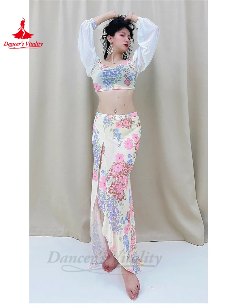 Belly Dance Practice Clothes for Women Chiffon Long Sleeves Top+printing Long Skirt 2pcs Adult Oriental Belly Dancing Outfit