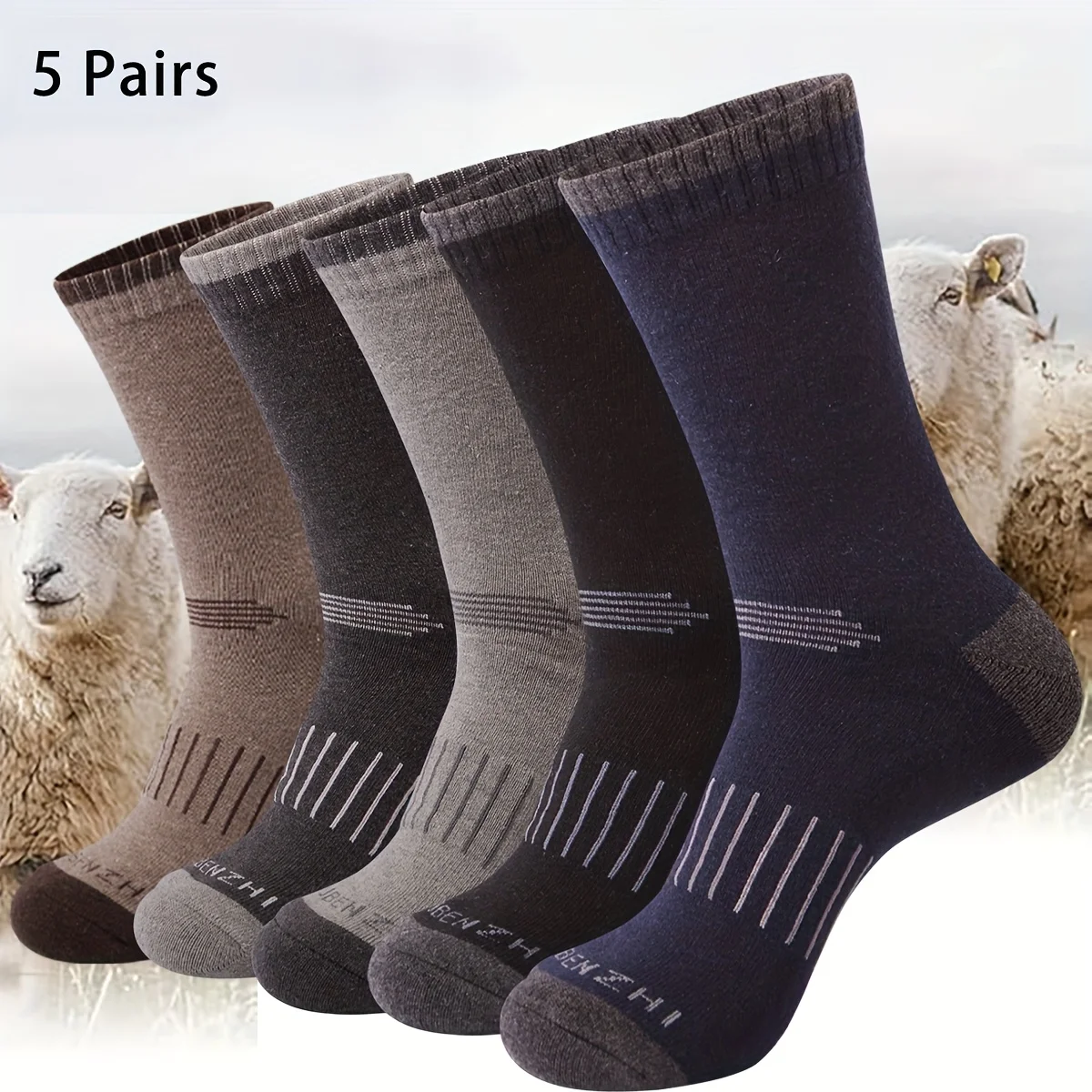 5 pairs of polyester, acrylic, and wool blend mid-calf socks for men and women, warm, durable, suitable for running and hiking.