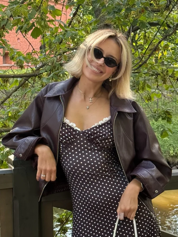 Dámská retro klopa krátký kožený kabát módní pevný zip jednoduchý dlouhý rukáv bundy dámská podzimní móda ležérní pouliční bunda - náhled 2