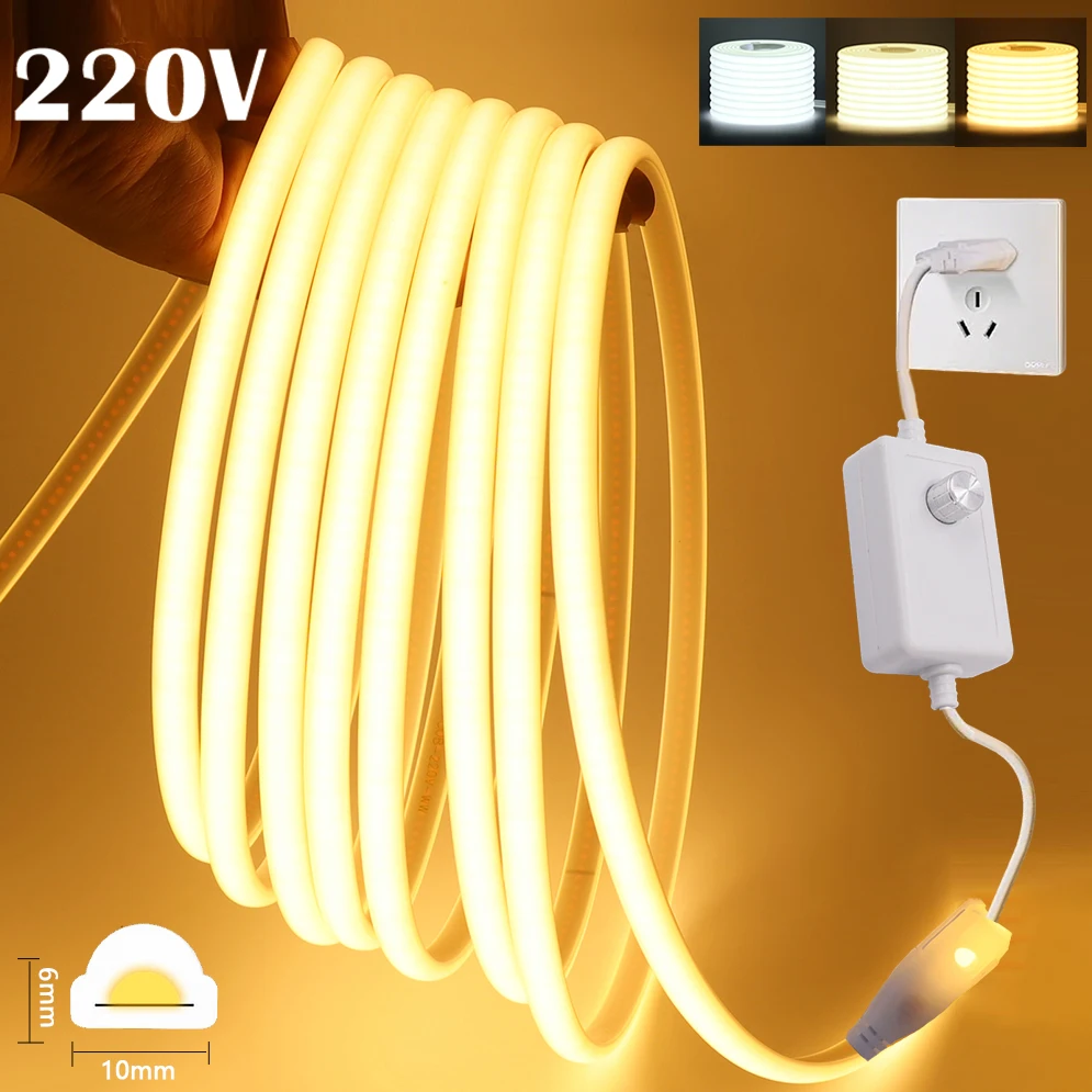 220V Dimmable COB LED Neon Strip Light With Switch/Dimmer EU Power Kit 288Leds/M Waterproof Flexible Tape Garden Home Lighting