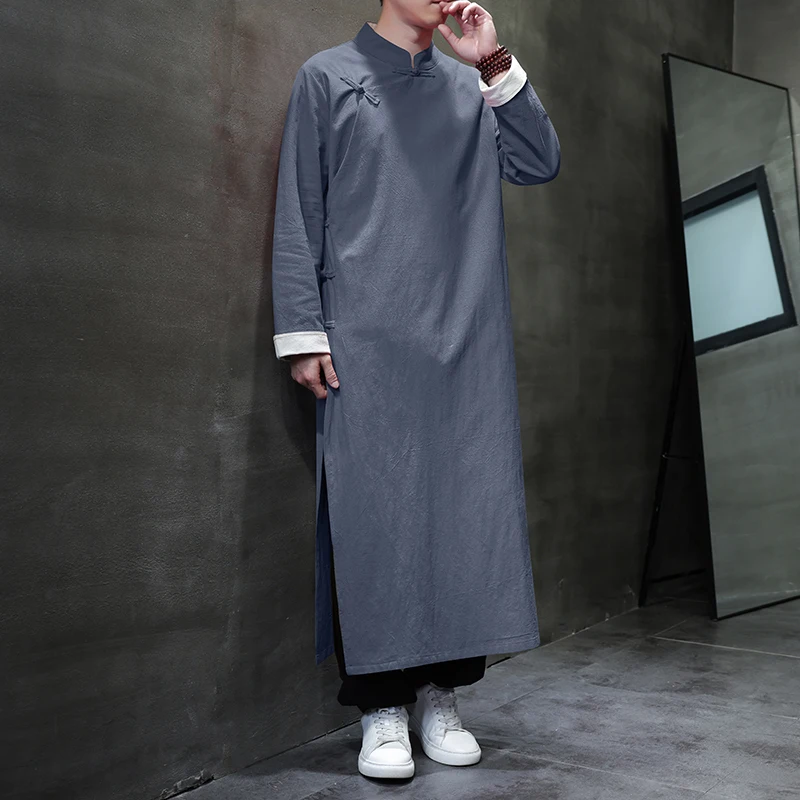 2025 Mens Natural Linen Cotton Ultra Long Length Robes Men Kung Fu Tai Chi Robe Costume Cross Talk Gown Cheongsam Weddin Dress