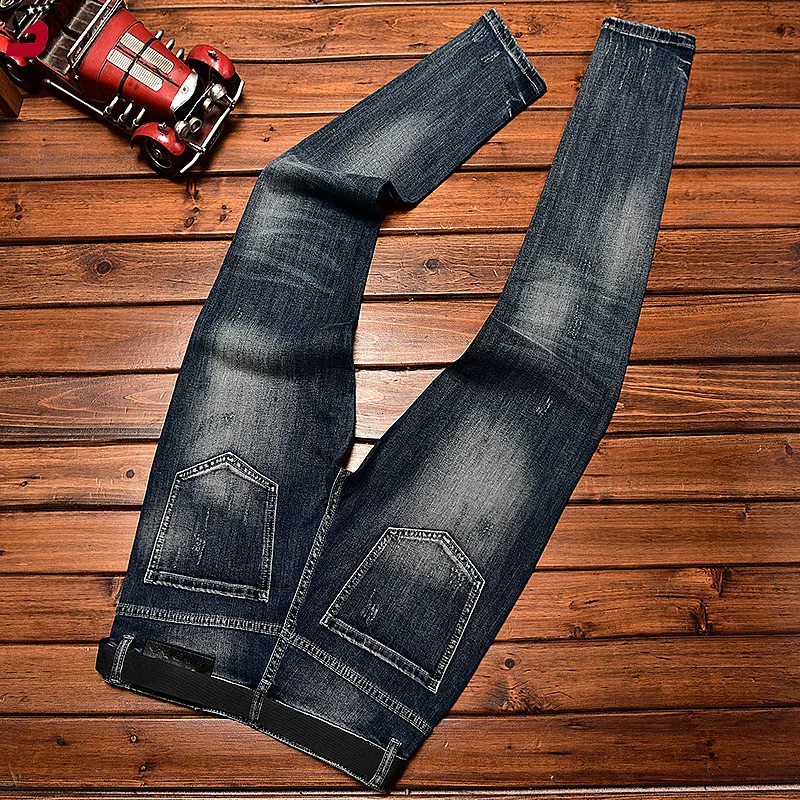 Jeans Men's Hole & Patch Embroidered Slim Casual Autumn and Winter Fashion Haulage Motor Denim Trousers