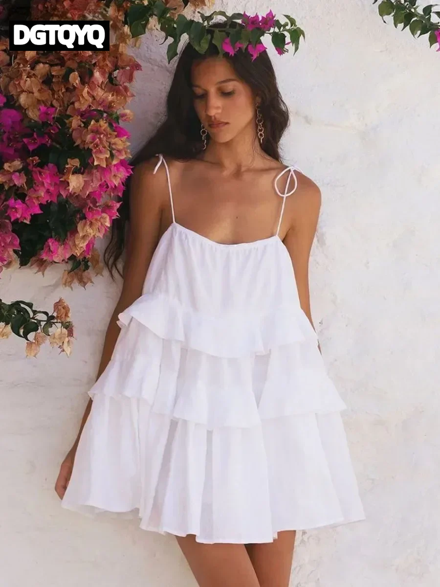 2026 New Sexy Loose White 100% Cotton Women's Dress Summer Strap Sleeveless Mini Dresses Classic Ruffle Female Beach Dress