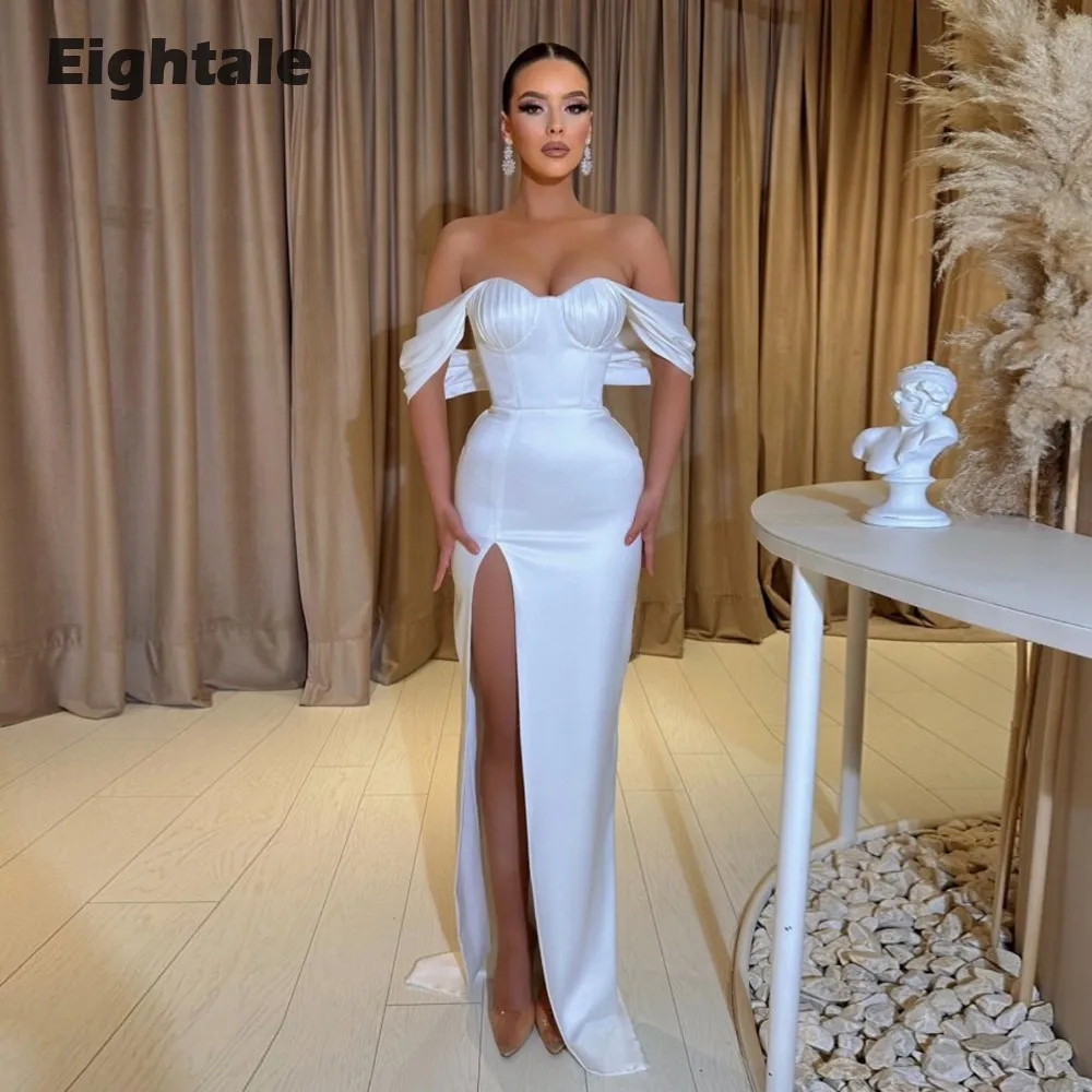 

Eightale White Evening Dresses Arabic Sweetheart Off the Shoulder Satin Mermaid Prom Party Gowns Formal Occasion Vestido Branco