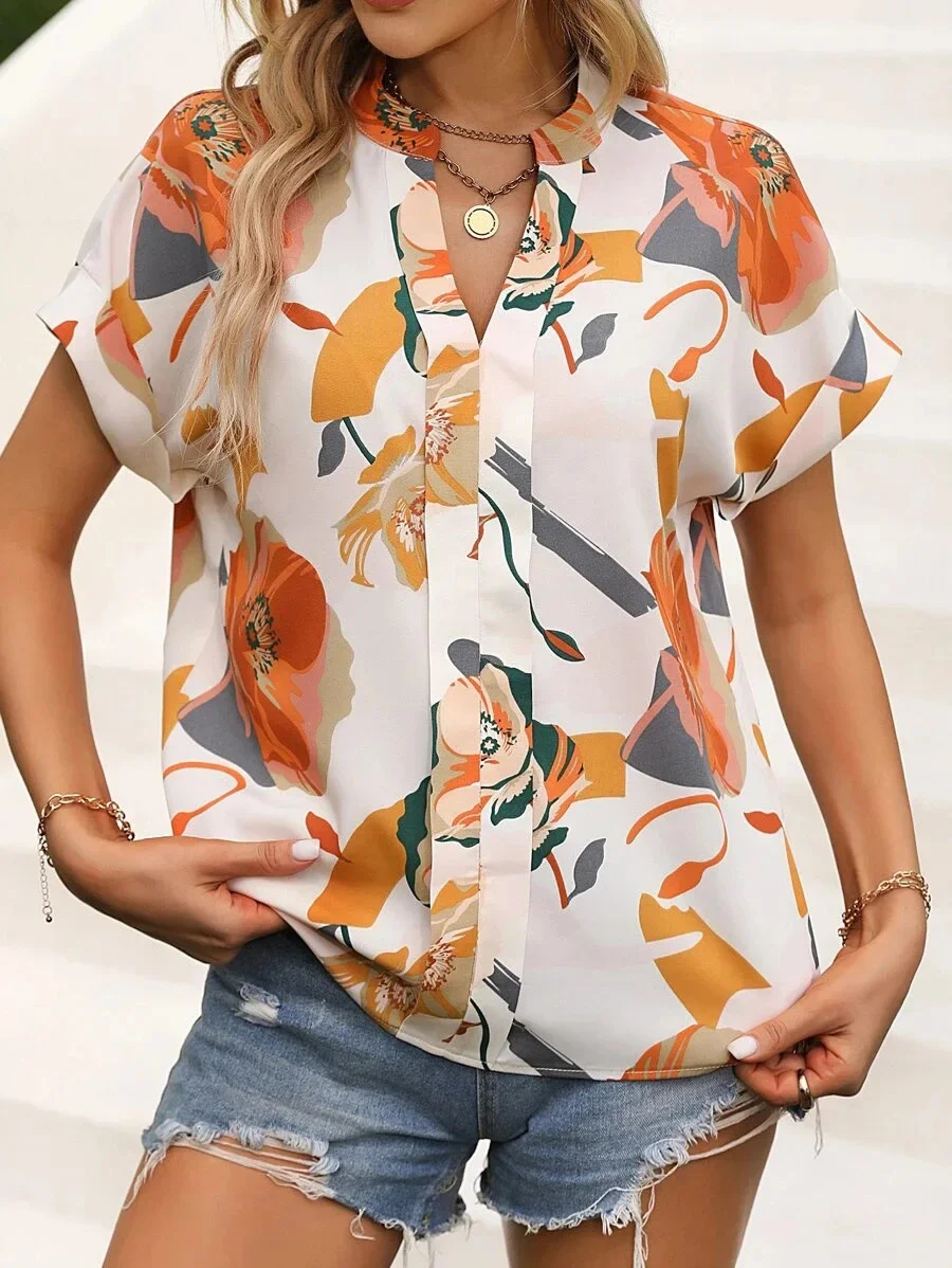 Women Summer Style Blouses Shirts Lady Casual Short Batwing Sleeve V-Neck Flower Printed Blouse Tops