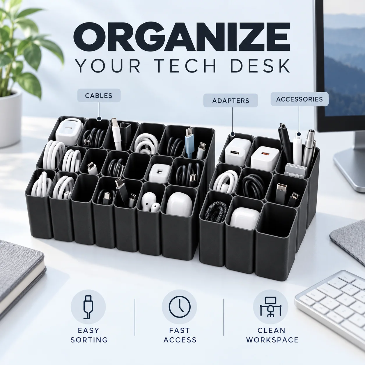 USB Wire Management Storage Tray with 11/22 Grids, Desktop Electronic Accessory Organizer for Home Office and Holiday Gift