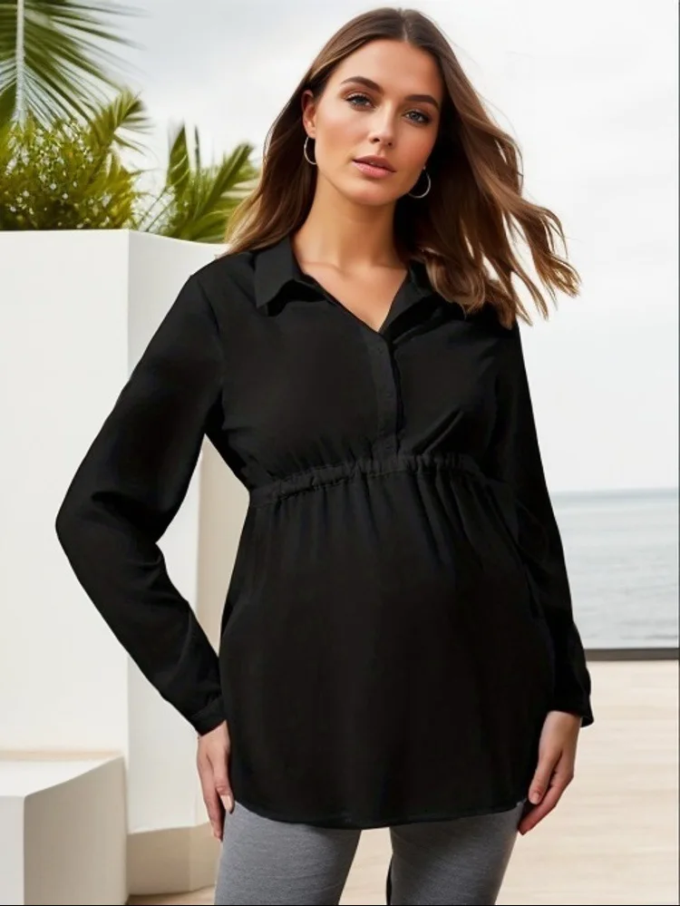 Roupas de maternidade cor pura solta respirável conforto camisa elegante simples elegante topo para mulheres grávidas blusa