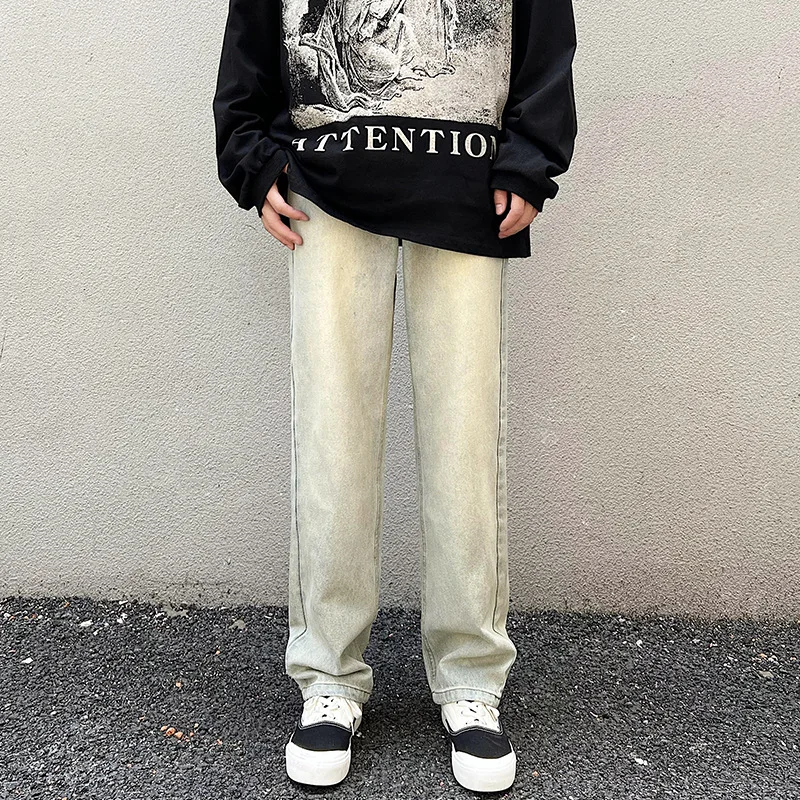 OIMG Y2k American High Street Yellow Mud Wash Jeans Men Fashion Casual Loose Hip Hop Zipper Split Straight Leg Wide Pants