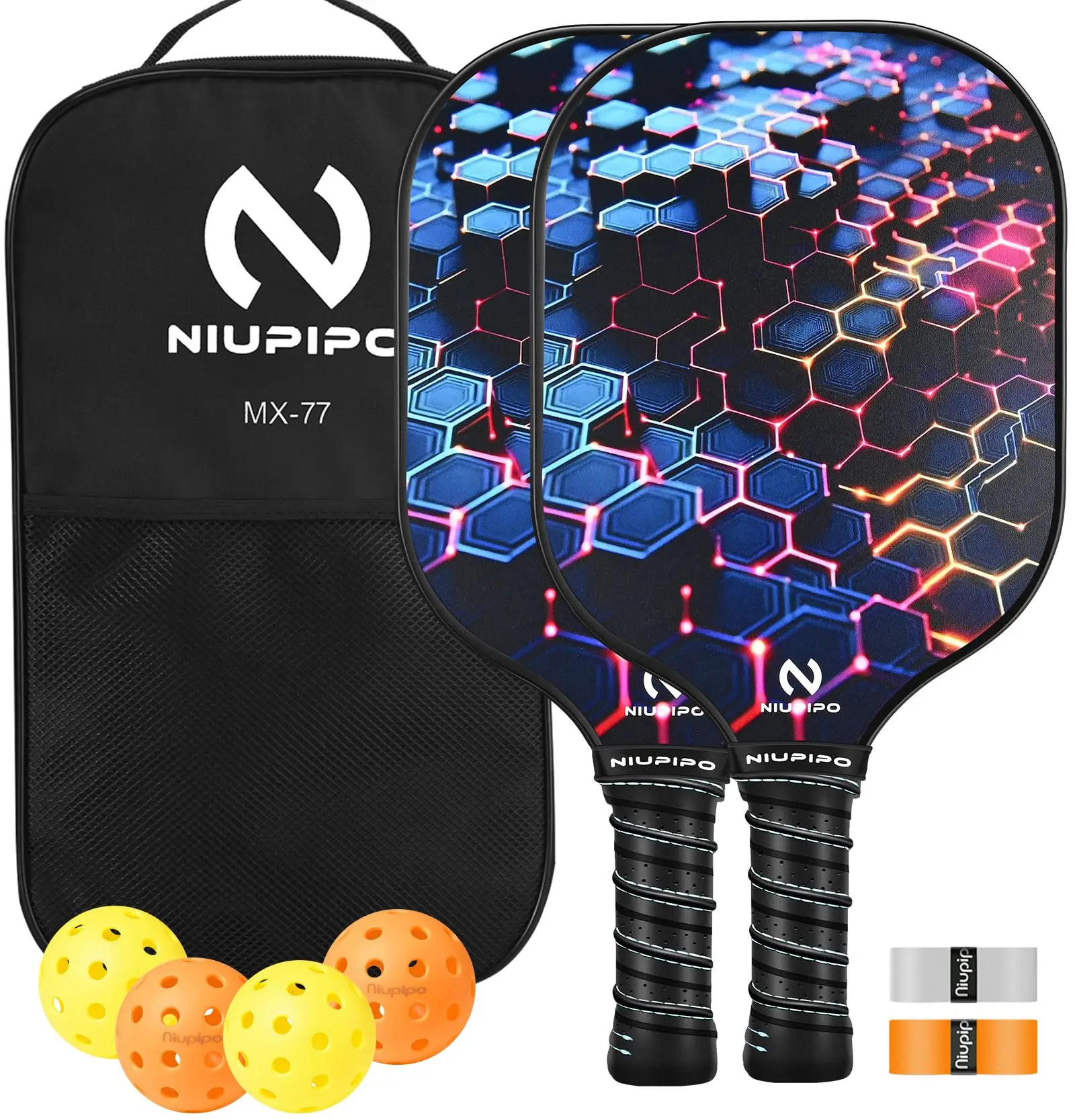 niupipo-mx-77-usapa-approved-fiberglass-pickleball-paddle-2-paddles-4-balls-1-storage-bag-complete-sports-kit-for-beginners