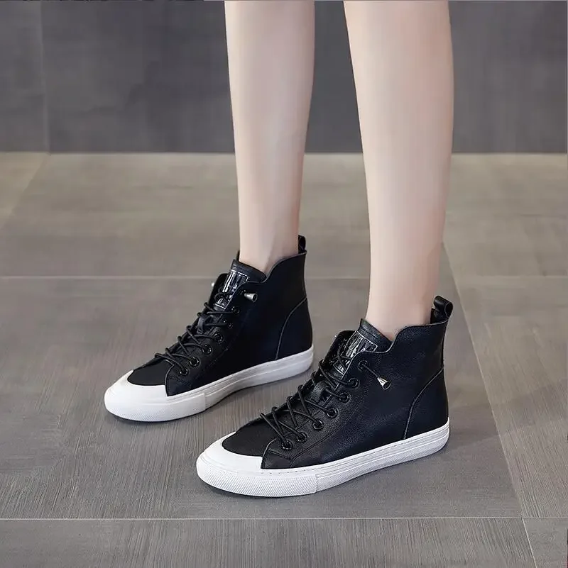 NEW High Quality Cowhide Leather Shoes Woman Shoes Casual Sneaker Trend Boots Flat Fashion Shoes Black White Red Boots image 6