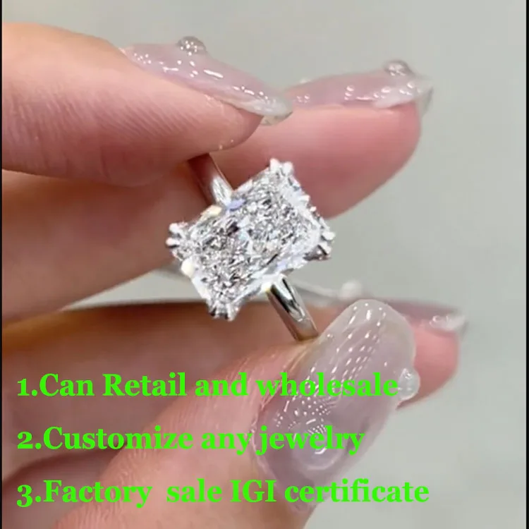 

Настоящее продуктное видео IGI Lab Growing Diamond Ring Radiant D Color 1 2 3Ct Solid 18K White Gold Кольцо обручальное кольцо заводское производство
