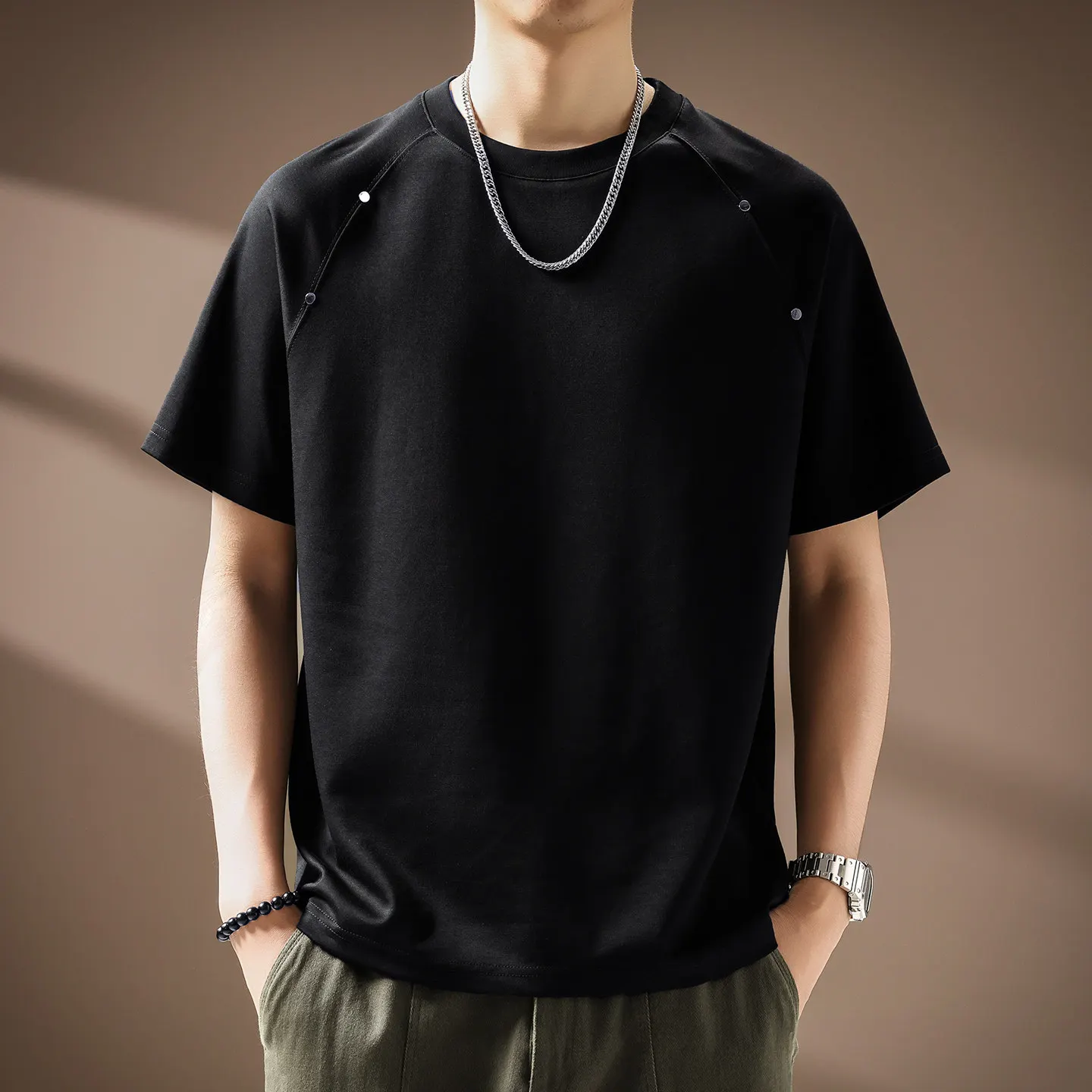 American Summer 2026 New Fashion Men White Black Apricot Simple Basic Loose Fit Casual Trendy T-shirts Male Top Clothes Tees