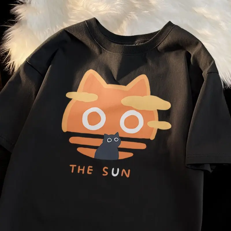 Summer Japanese Cartoon Anime Cat Short Sleeved 100% Pure Cotton Short Sleeved T-shirt Men Top Loose Casual Clothing Ins