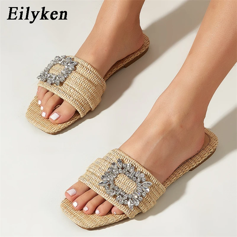 Eilyken New Fashion Casual Flat Heels Women Slippers 2024 Summer Crystal Diamond Square Toe Vacation Beach Slides Shoes