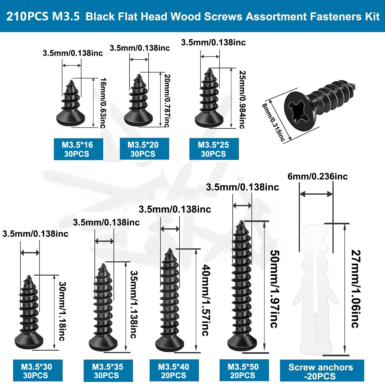 210Pcs M3.5 Mini Wooden Screws Set Black Cross Drive Flat Head Self-Tapping Screws Short Nails for DIY Crafts And Woodworking