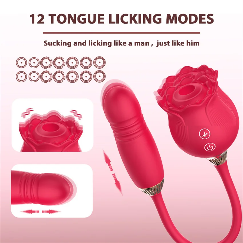 Rose Toy Dildo Thrusting Vibrator 12 Frequency Female Clitoris Sucker Stimulator Tongue Licking Adults Sucking Sex Toys Women 18