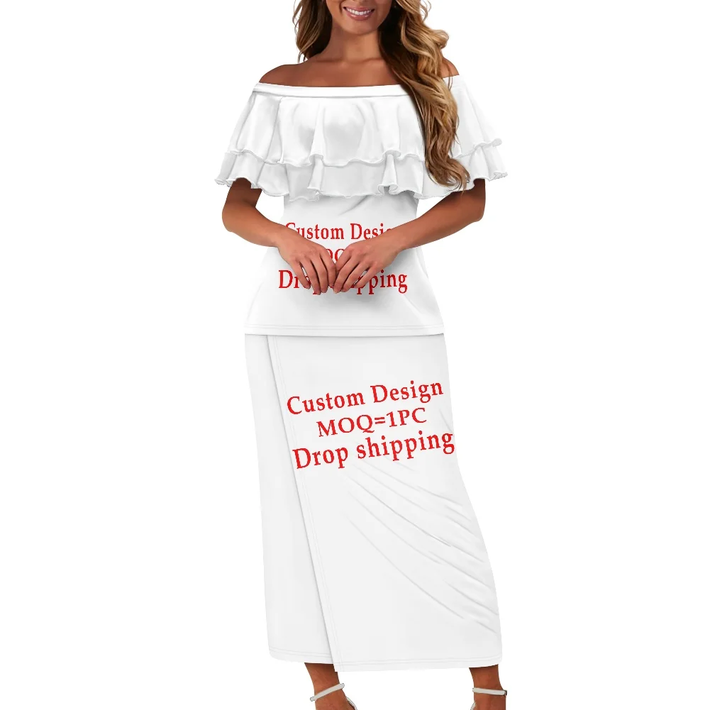 

Summer Islands Women Puletasi Samoa Tongan Fijian Short Sleeve Off shoulder Two Piece Set Polynesian Tribal Clothing Brown Print