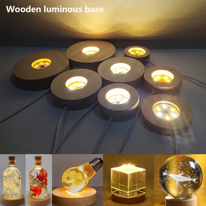 Wood Round LED Night Light Base Art Display Holder USB Lamp Holder for Crystals Glass Ball Resin Art Decoration Display Stand