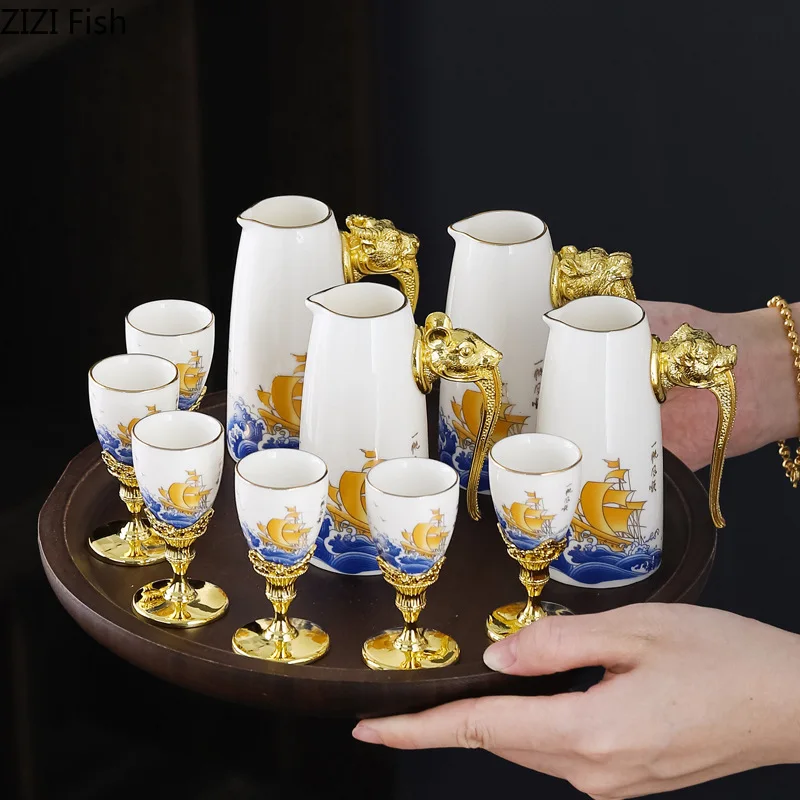 Sailboat Ceramic Wine Set Chinese Maotai Brandy Vodka Strong Wine Cup Divider Family Gathering Wine Set Bar Accessories Gift