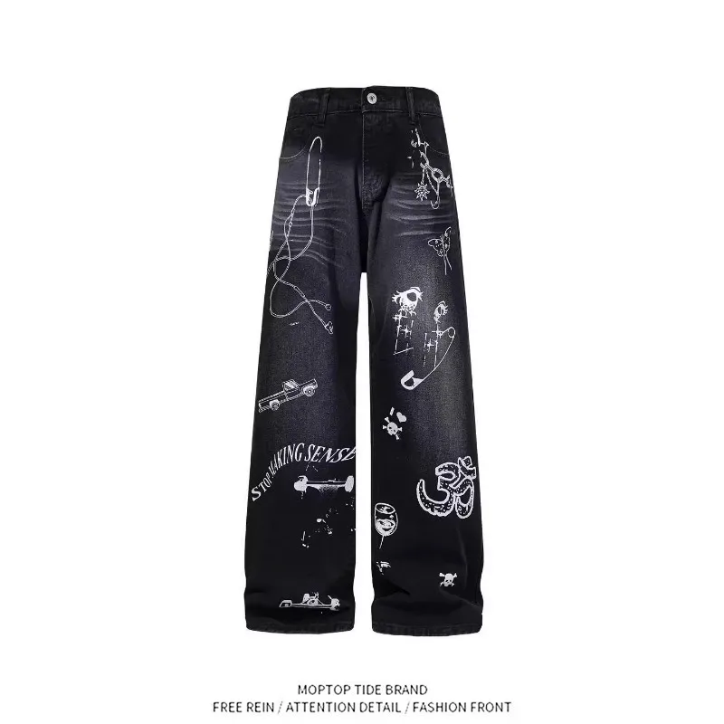 

Джинсы с принтом Black Kitty, прямые брюки с граффити, широкие брюки, весенняя мужская мода, повседневные удобные брюки из полиэфирного волокна