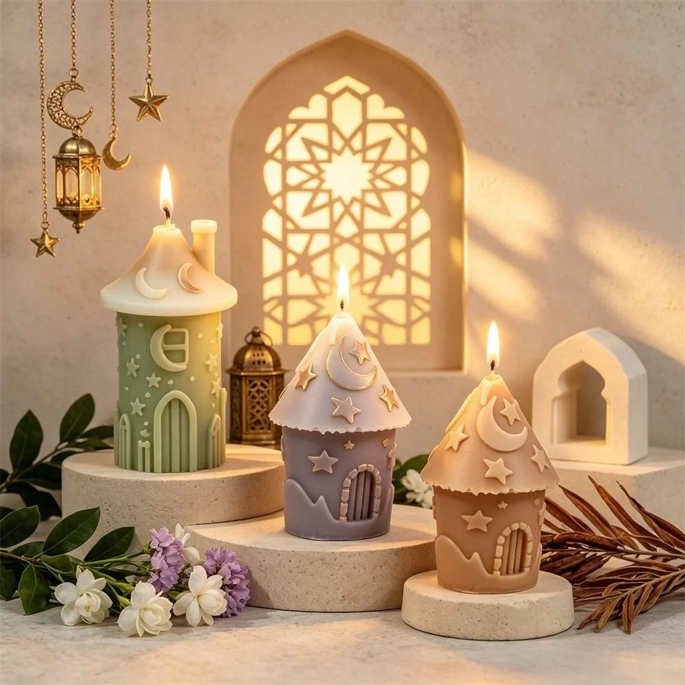 Celestial Ramadan Eid Lantern Figurine Crescent Moon Star Muslim Mosque Silhouette Castle Tower Pillar Candle Mould