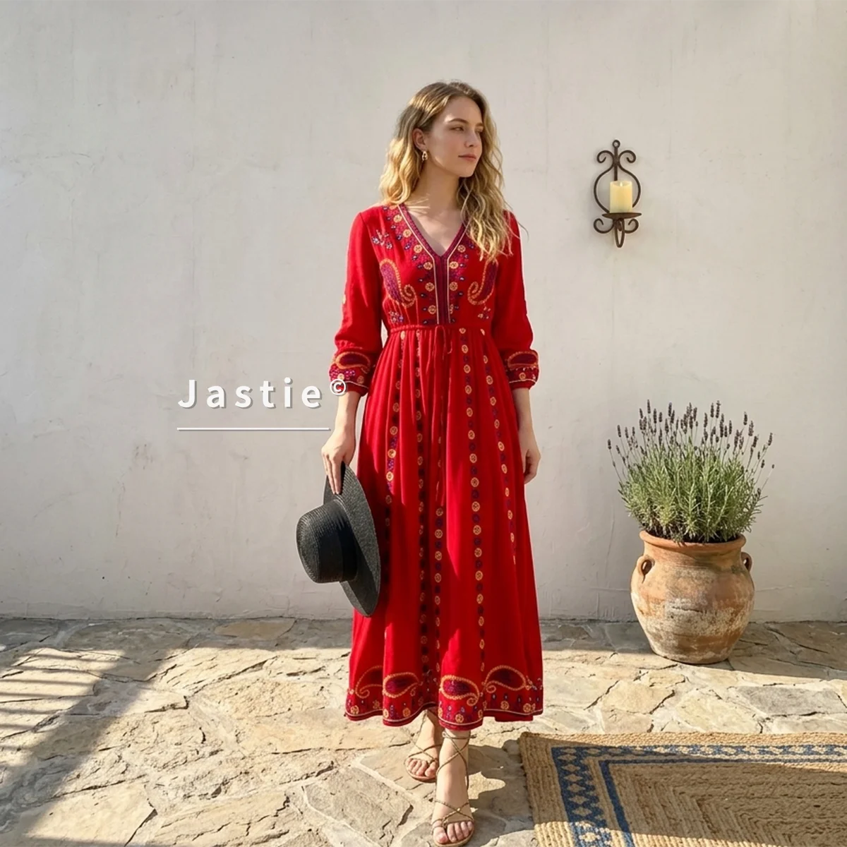 Jastie 2025 Spring Autumn Women Dress Loose Casual Beach Dresses Floral Embroidered Maxi Dress Boho Ruffle Hem Female Vestidos