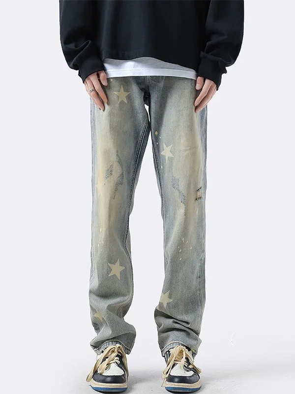 

American High Street Star Print Loose Wide Leg Jeans Men's Autumn Trendy Vintage Waed Straight Cut Casual Long Pants