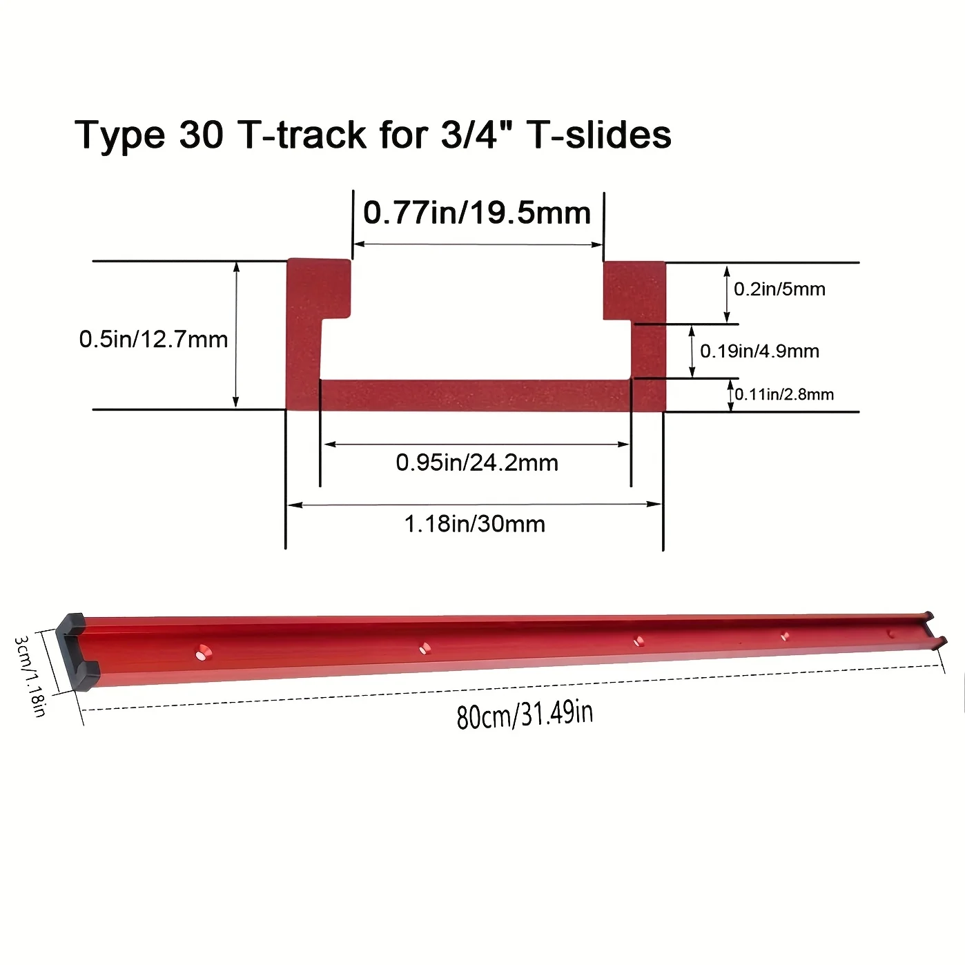 2pcs Type 30 800mm 31.49in Woodworking T-slot Track Woodworking Slide Track Red Limit Guide Rail Pusher Universal Slide Workbenc