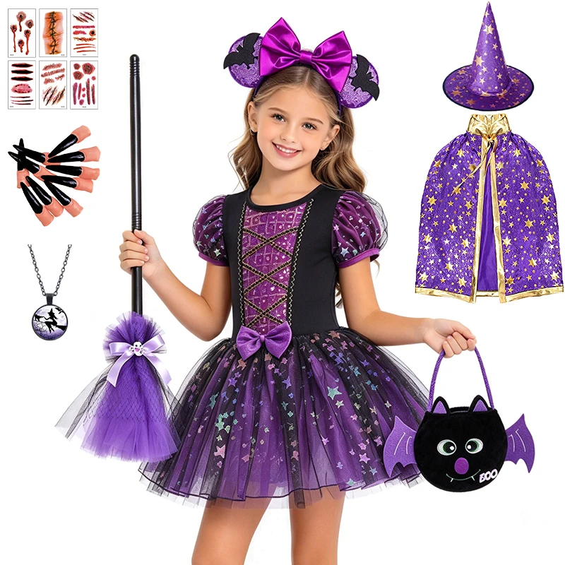 Halloween Witch Costume for Girls Kids Shiny Fluffy Witch Ballet Tutu Dress Festival Masquerade Elegant Party Children's Costume