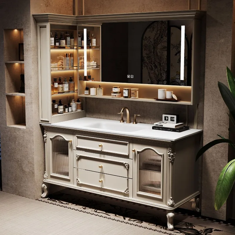 American light luxury floor-standing bathroom cabinet with French vintage washbasin, bathroom sink, sink side cabinet