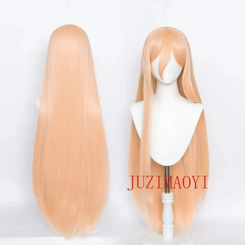 Anime Chainsaw Man Makima Power Cosplay Wig Long Orange Pink Heat Resistant Synthetic Hair Party Role Play Wigs + WigCap + Horns