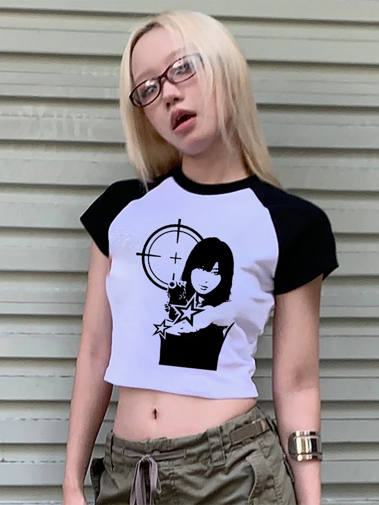 2000s Trashy Crop Top Y2K Gothic Style Print Girl Fairy Grunge Cute Baby 90s Slim Fit Punk Emo Girls Sexy Korean Fashion Tee