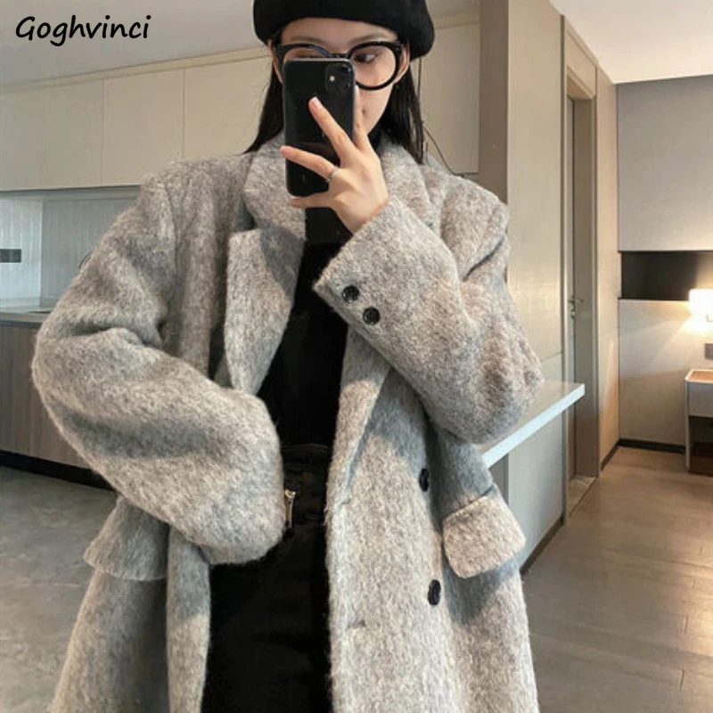 

Blends Women Outwear Simple Thicken Winter Coats Loose Solid Office Lady Vintage Newly Leisure Chic All-match Kpop Trendy Street