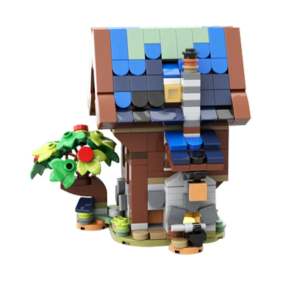 Gobricks MOC Mini 21325 Średniowieczny Sklep Kowalski Klocki Konstrukcyjne Domek na Drzewie w Starym Lesie Model Retro DIY Zabawka dla Dzieci Prezent
