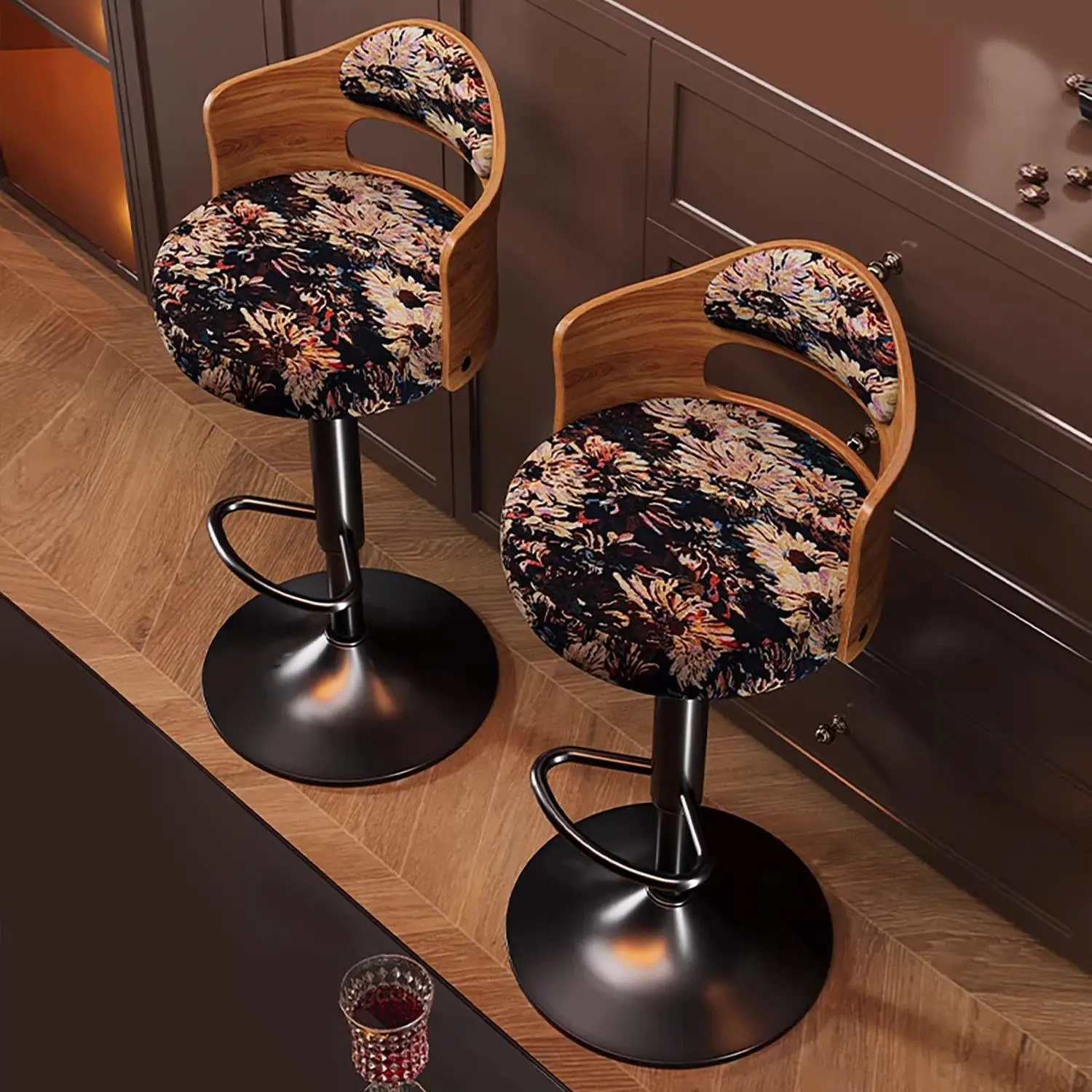 

DSA vintage style wooden backrest high chair for home bar chairs, floral print fabric seat cushion, adjustable bar chair