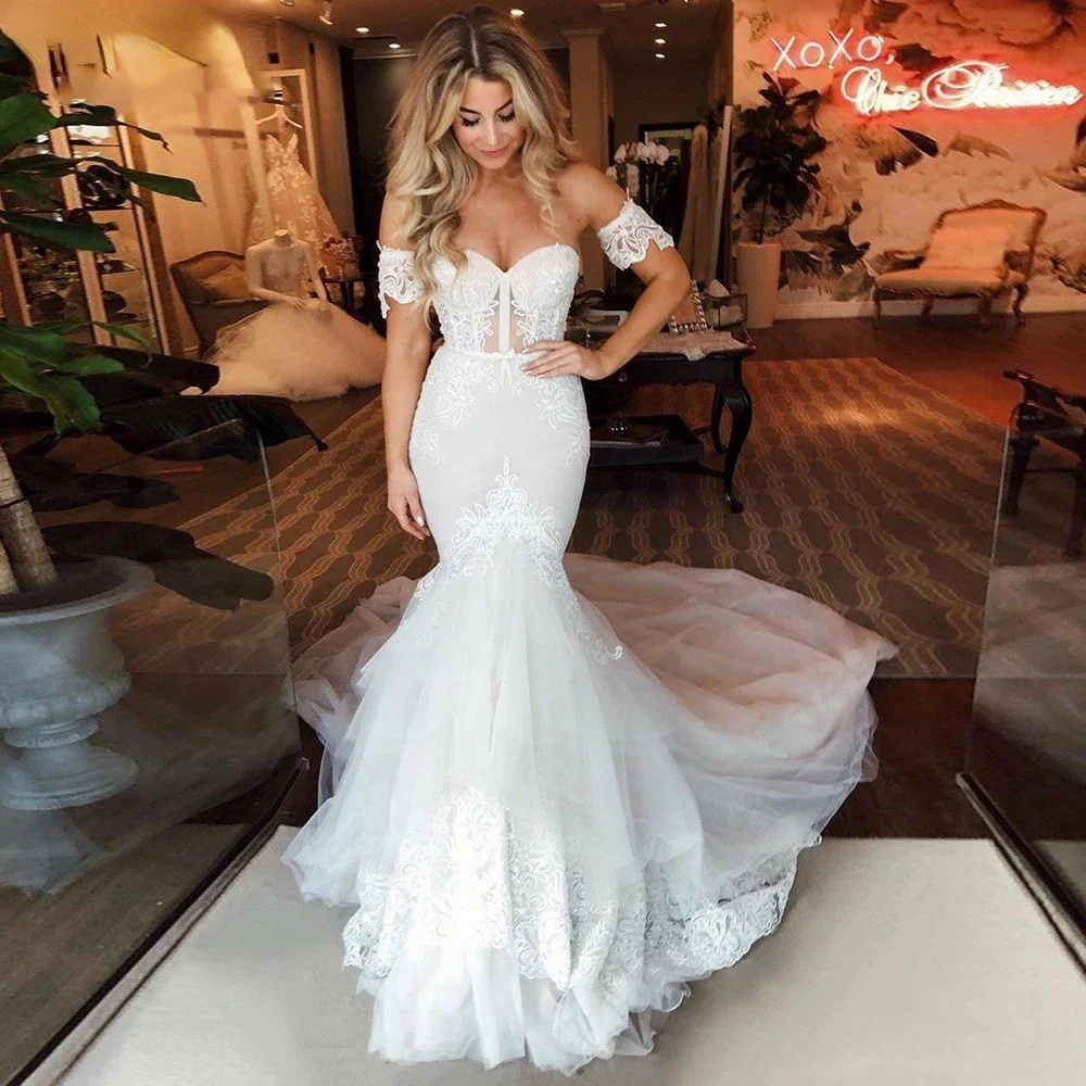 Mermaid Sweetheart Wedding Dress Boho Removable Sleeves Appliques Lace Bridal Gowns Court Train Princess Bride Dress